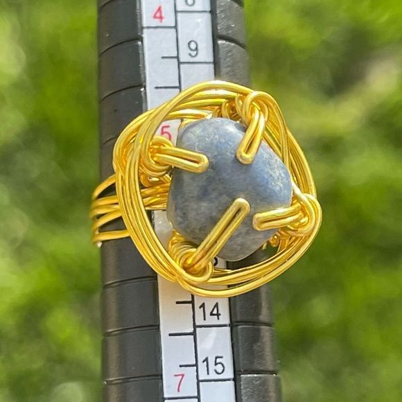 BLUE AVENTURINE QUARTZ ADJUSTABLE WIREWRAPPED CHUNKY GEMSTONE RING - Picture 14 of 16